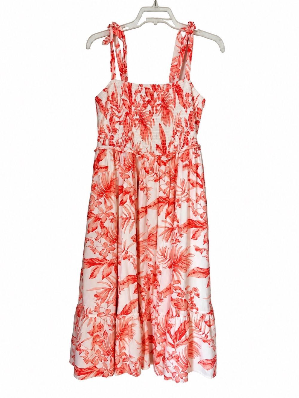 Torrid Coral Cottagecore Floral Challis Tie Strap Smocked Midi Dress 1 (14/16)